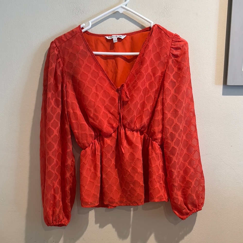 Elizabeth and James Red Orange Peplum Blouse with Puff Sleeves XS